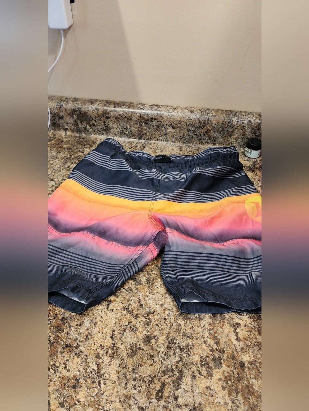 Hurley Men's Navy Swim Shorts with Orange and Pink Gradient